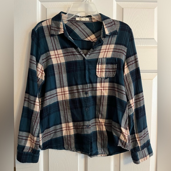 Flannel blue green and white with red stripes - Picture 1 of 2